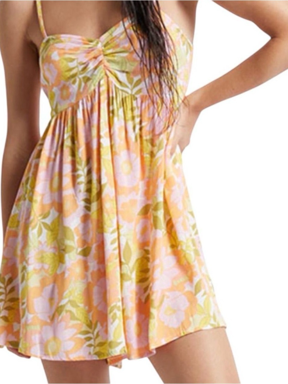 Billabong Peach and Olive Floral Spaghetti-Strap Mini Dress